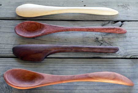 Pine stirrer, mesquite spoon, walnut spatula, and cherry ladle